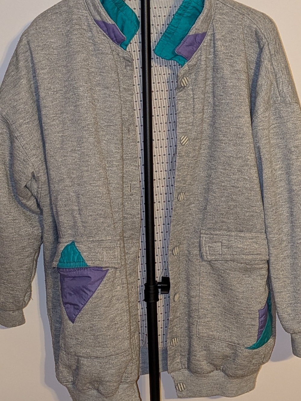Vintage 80s Gray Teal Purple Colorblock Sweatshirt Jacket